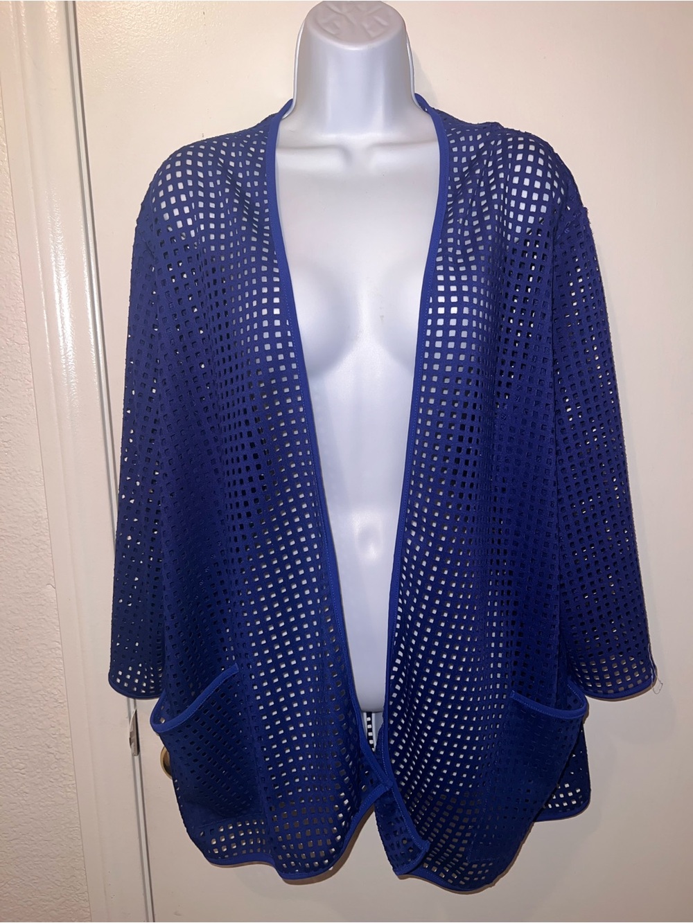 Open-Weave Royal Blue Swim Cover-Up Cardigan